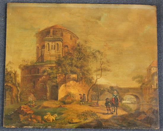 Dutch School (18C), oil on panel, River landscape with figures, sheep and ruin